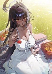 1girl alternate costume apple blue archive blue nails book breasts cleavage commentary dark-skinned female dark skin dr…