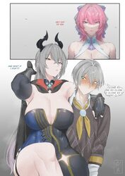 1boy 2girls absurdres alternate breast size (larger) armpits assertive female asymmetrical bodysuit black horns blush b…
