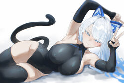 1girl animal ears armpits black leotard black sleeves black thighhighs blue eyes blue hair breasts cat ears cat tail cl…