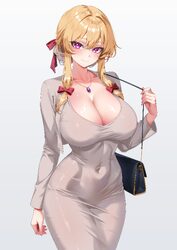 1girl absurdres alternate costume alternate hairstyle bag bow breasts cleavage closed mouth commentary contemporary cov…