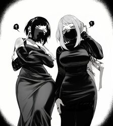 2girls ? absurdres bag bare shoulders black nails boku no hero academia breasts chanel dress english commentary greysca…
