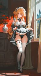 1girl absurdres ankle apron black bow black bowtie black dress black panties blonde hair blue eyes blush bow bowtie clo…