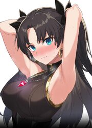 1girl absurdres armpits arms behind back black hair blue eyes blush breasts commentary request earrings fate/stay night…