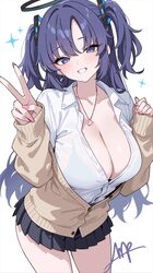 1girl black bra black halo blue archive blue eyes blue hair bra bra visible through clothes breasts brown cardigan card…