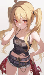 1girl absurdres ahoge alternate hairstyle belt black shorts black vest blonde hair breasts chinese commentary commentar…