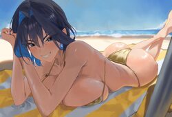 1girl absurdres armpit crease ass barefoot beach beach mat bikini black hair blue eyes blue hair blush bow bow earrings…