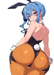 1girl alternate costume animal ears ass back bare back bare shoulders black gloves blue eyes blue hair blue ribbon comm…
