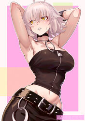 1girl ahoge armpits bare shoulders belt black tube top blush bracelet breasts cleavage commentary fate/grand order fate…