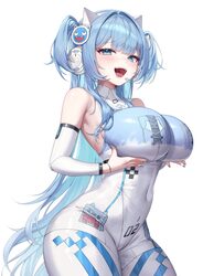 1girl absurdres animal ear headphones animal ears april fools bare shoulders blue eyes blue hair blue nails bodypaint b…