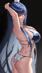 1girl armpits arms up ass black background black hair blue eyes breasts center cross lace commentary commission cross-l…