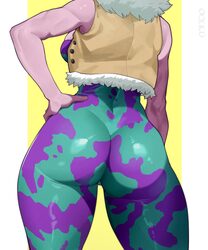 1girl ashido mina ass back bare shoulders bodysuit boku no hero academia breasts colored skin commentary cowboy shot cr…