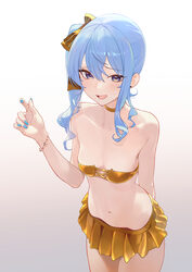 1girl absurdres alternate costume bare shoulders bikini blue hair blue nails breasts commentary english commentary gold…