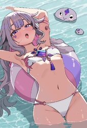 1girl adapted costume armpits arms up ball beachball bikini breasts chest jewel cl oor colored inner hair commentary re…