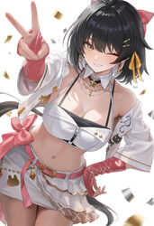 1girl alternate costume bare shoulders black hair breasts cleavage colored inner hair commentary confetti cowboy shot d…
