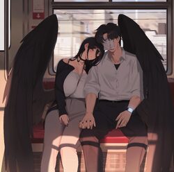 1boy 1girl absurdres alternate costume black hair black jacket black nails black pants black wings blue archive breasts…
