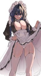 1girl absurdres blue eyes blue hair breasts clothes lift commentary dress dress lift feet out of frame garter straps ha…