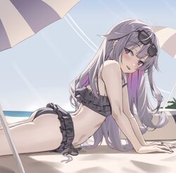 1girl absurdres ass beach bikini blush commentary gem grey hair highres hololive hololive english jewel under eye kosek…