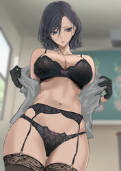 1girl art teacher (kesoshirou) bare shoulders black bra black garter belt black gloves black hair black panties black t…