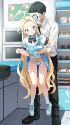 1girl @ @ absurdres angels 24 uniform (blue archive) apron assisted exposure blonde hair blue apron blue archive blue h…