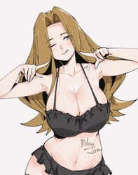 1girl alternate breast size (larger) artist name black bra black panties bra breasts brown hair cleavage closed mouth c…