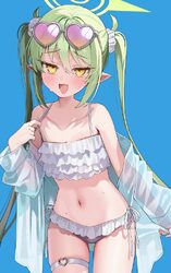 1girl absurdres alternate costume bikini blue archive blue background blush commentary request cowboy shot dot nose elf…
