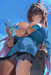 1girl absurdres ahoge bag bikini black hair black skirt blue archive blue bikini blue bow blue bowtie blue cardigan blu…
