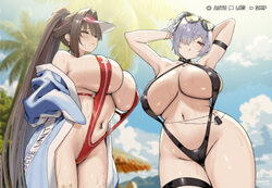 2girls  o absurdres bare shoulders black slingshot swimsuit blush breasts brown eyes brown hair cameltoe cinderella (cr…