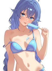 1girl  p bikini blue bikini blue eyes blue hair braid braided twintails breasts closed mouth collarbone commentary cros…