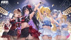 6+girls absolute (nikke) absurdres arm up armpits belt black hair black skirt blonde hair blue eyes blurry blurry backg…