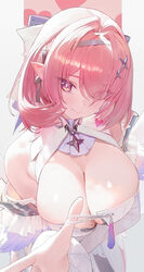 1girl absurdres arm under breasts bare shoulders breasts cleavage clothes pull commentary detached sleeves eyes visible…