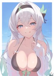 1girl absurdres beach bikini black bikini black hairband blue pupils blue sky breasts commentary crossed bangs day fire…