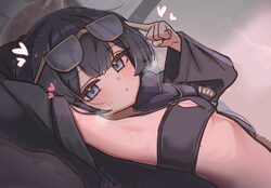 1girl absurdres armpit focus armpits bare shoulders bikini black bikini black hair black jacket blue archive blue eyes …