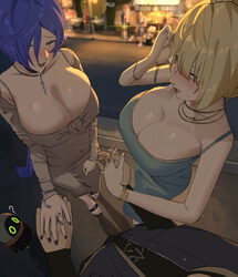 1boy 2girls ? absurdres bare shoulders black nails black shirt blonde hair blue dress blush breasts closed mouth covere…