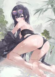 1girl all fours ass ass focus bare shoulders barefoot bikini black bikini black hair blue archive blush braid breasts c…