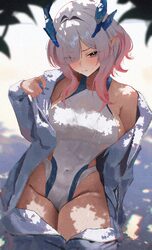 1girl absurdres arknights arknights  endfield armpit crease blue horns blush bodysuit breasts collarbone commentary req…