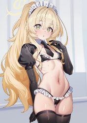 0haribo0 1girl absurdres bikini black bikini black gloves black necktie black shrug black thighhighs blue archive blush…
