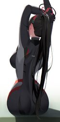1girl absurdres arms up ass black bodysuit black hair blue archive bodysuit breasts commentary from behind halo hand on…