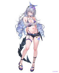 1girl adapted costume arm behind back armpit crease bare shoulders bikini black shorts blue ribbon blush breasts cleava…