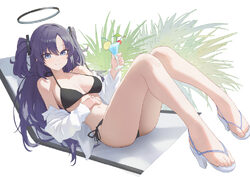 1girl absurdres alternate costume bikini black bikini black halo blue archive blue eyes blue halo breasts chair cherry …