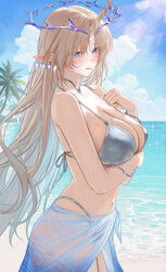 1girl alternate costume arm under breasts bare shoulders bikini blonde hair blue eyes blue sarong blue sky blush breast…