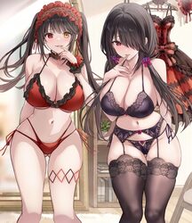 2girls ass ass visible through thighs azur lane bikini black bra black panties black thighhighs bra breasts cleavage cl…
