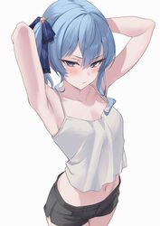 1girl armpit focus armpits arms behind head black shorts blue eyes blue hair cropped shirt fawny hair ornament highres …
