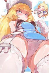 1girl 1other absurdres blonde hair blue background blue eyes blush breasts carrying closed mouth from below gloves grey…
