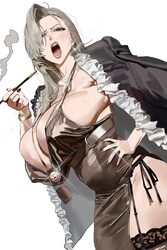 1girl absurdres black coat black thighhighs blush bracelet breasts coat coat on shoulders commentary request covered na…