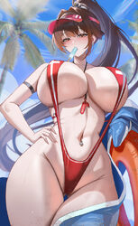 1girl absurdres arm strap ass visible through thighs blush breasts brown eyes brown hair cleavage commentary day food f…