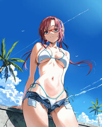 1girl against railing aircraft airplane ass visible through thighs bare arms bare shoulders bikini blue eyes blue sky b…