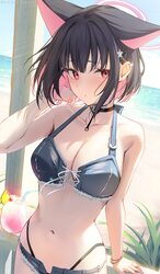1girl animal ears beach bikini black bikini black choker black hair blue archive breasts cat ears cat girl choker comme…