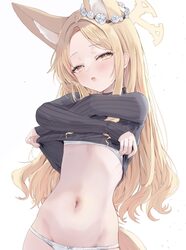 1girl animal ear fluff animal ears black shirt blonde hair blue archive commentary extra ears flower forehead fox ears …