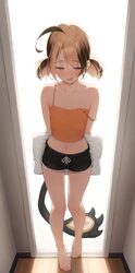 1girl absurdres ahoge alternate costume arms behind back averting eyes bare legs barefoot black shorts blonde hair blus…