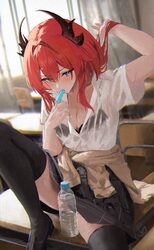 1girl absurdres alternate costume arknights arknights  endfield black horns black skirt black thighhighs bra visible th…